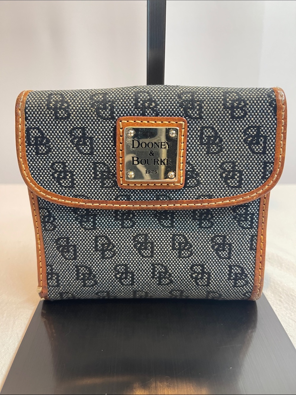 Dooney & Bourke Vintage Blue DB Monogram Trifold Wallet Leather Trim
